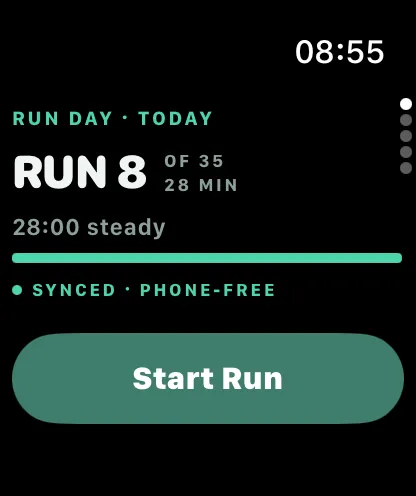 Watch home: run 8 of 35, 30 minutes, Start Run