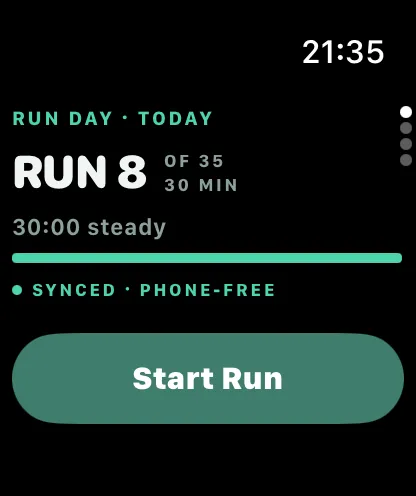 Watch home: run 8 of 35, 30 minutes, Start Run