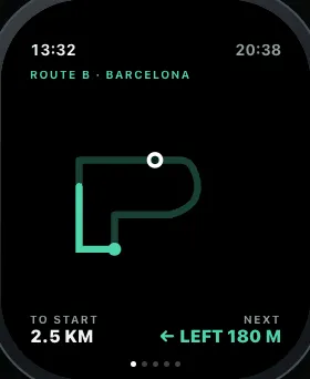 Watch route page: a round-trip route with the next turn